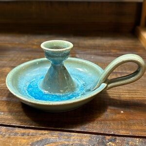 Studio Art Pottery Taper Candle Stick Holder Handmade Turquoise Color Stoneware